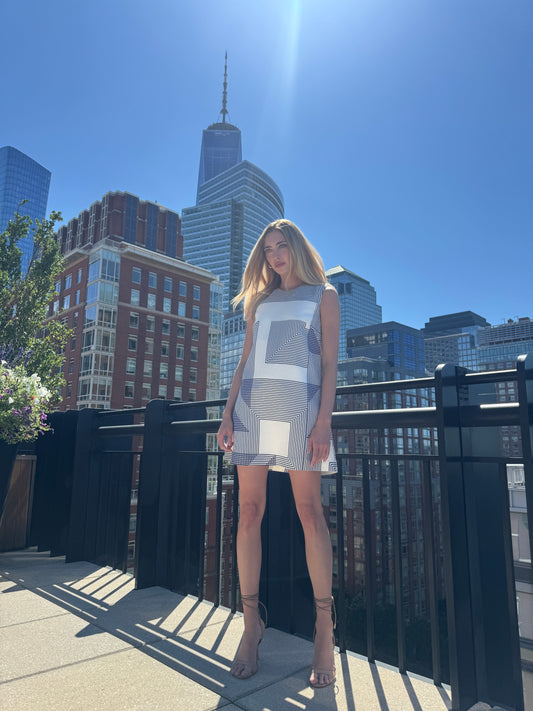 Kirby dress in Navy And White Geo Print - Gilner Farrar
