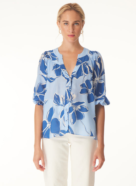 Kayla blouse in Blue graphic floral print - Gilner Farrar