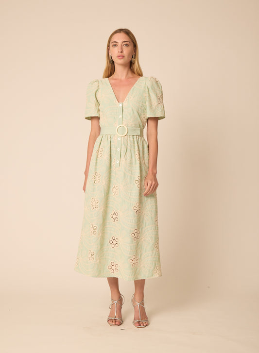 Mallory dress in Green Stripe Embroidery - Gilner Farrar